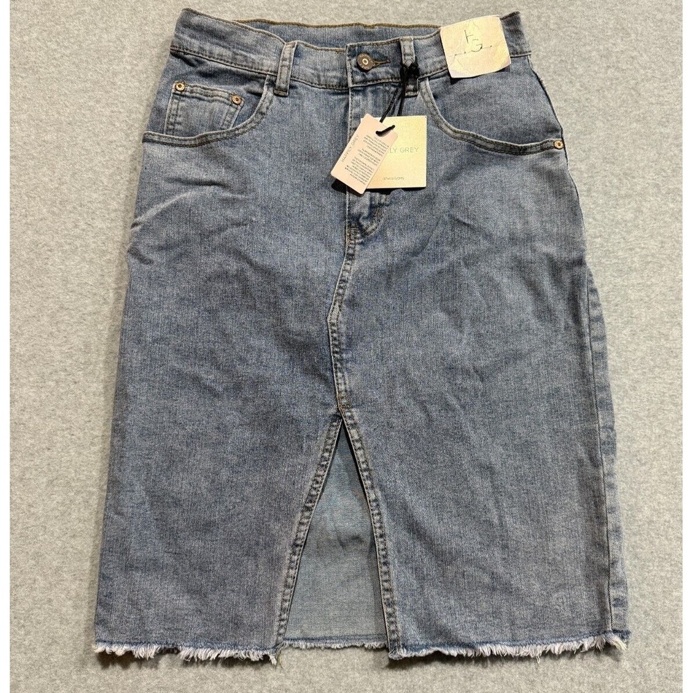 Happily Grey Skirt Women US 3/25 Blue Denim Front Slit Midi Raw Hem Straight NWT